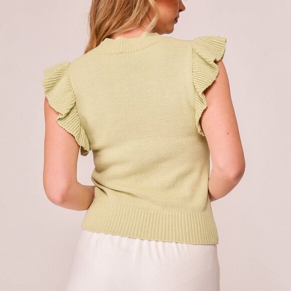 LUMIERE Ruffle Sleeve Knit Tank Top, Light Green Sage, Feminine Chic Sweater - Picture 3 of 5